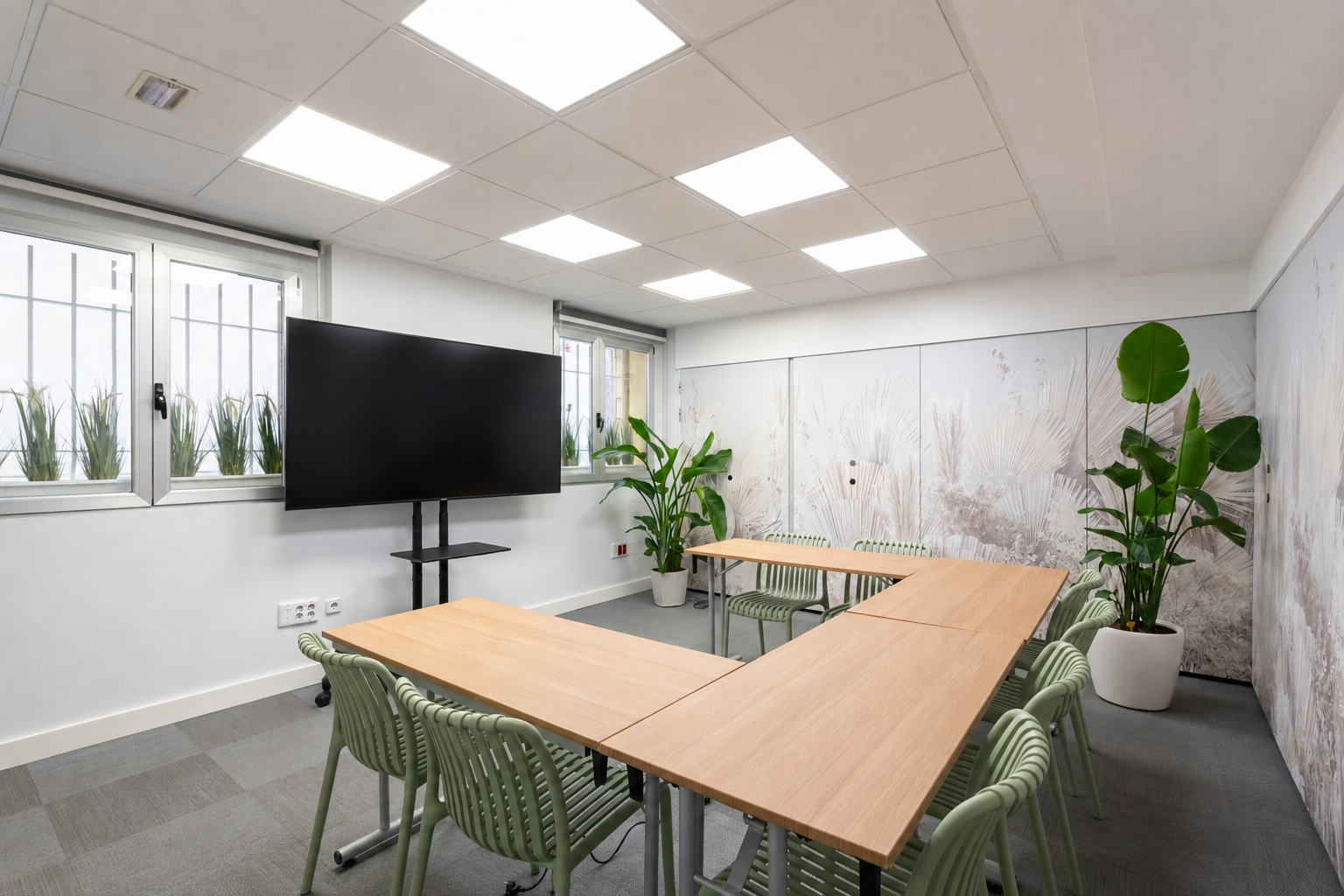 Sala de reuniones en configuración en U en Inspira Workspaces Atocha, Madrid